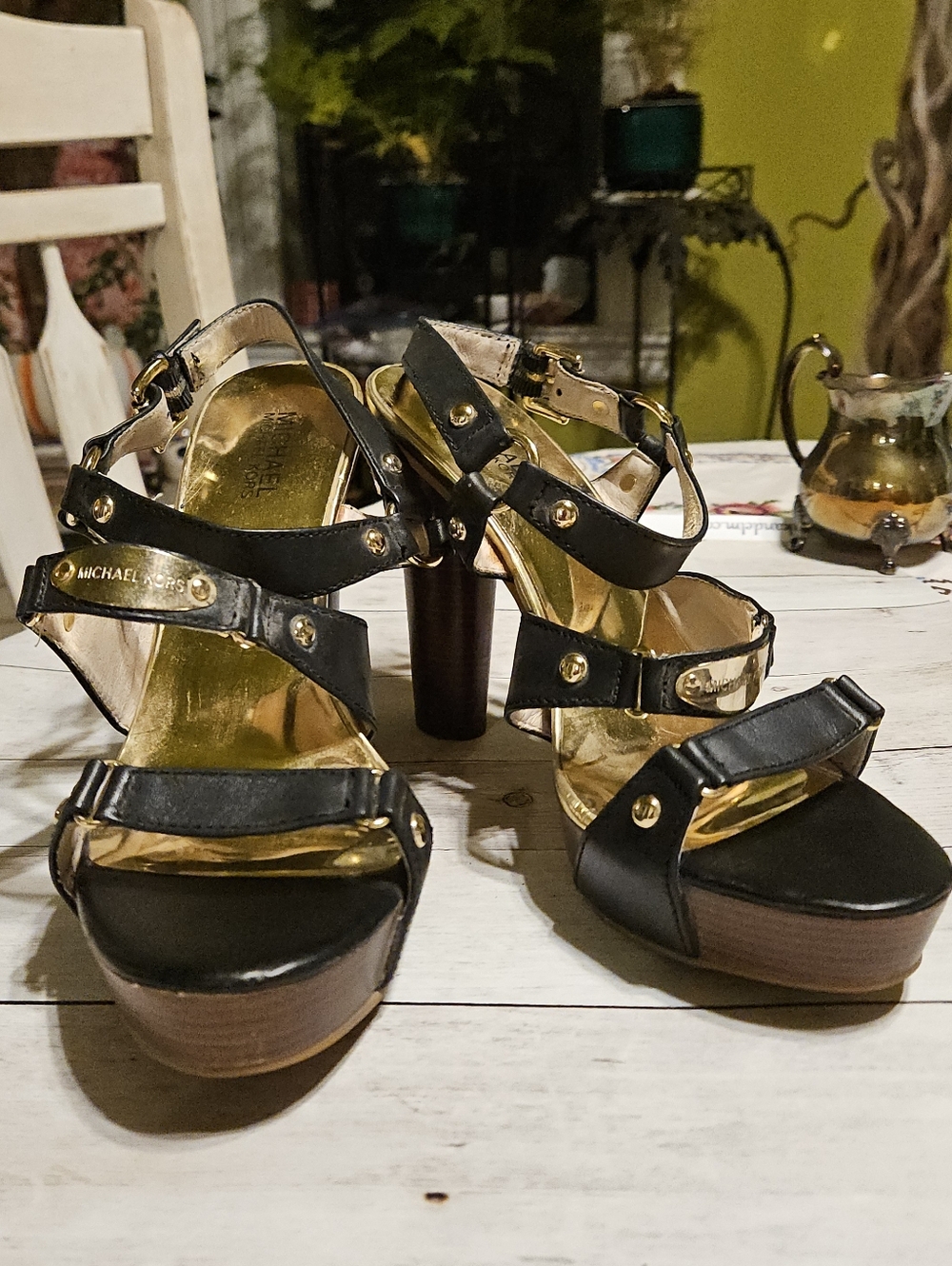 Michael Kors Black Leather Multi-Strap Platform Heels with Gold Accents